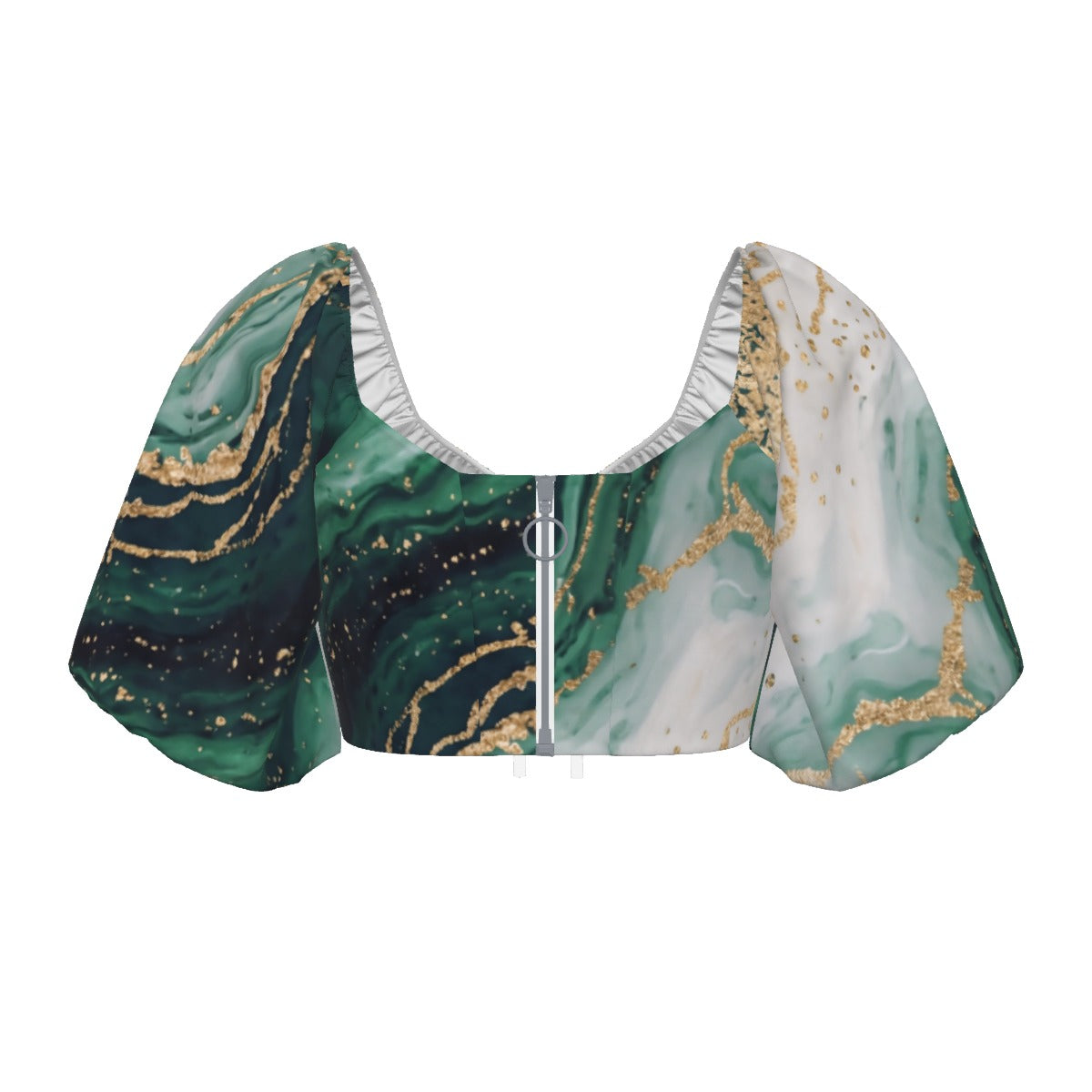 All-Over Print Women's Square Collar Cropped Top With Puff Sleeve