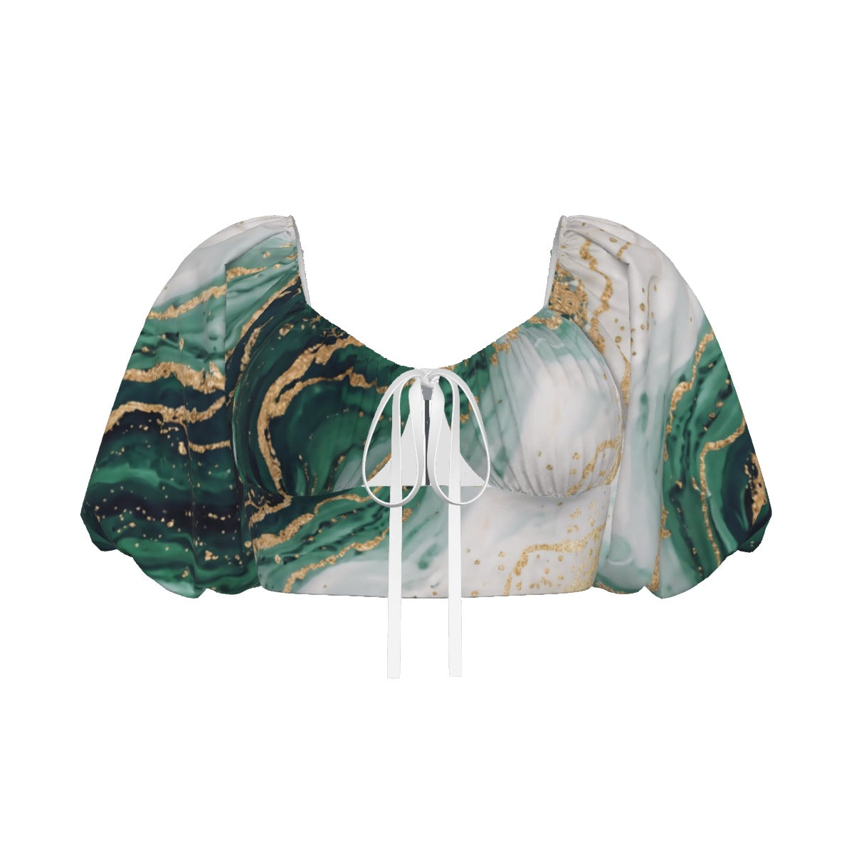 All-Over Print Women's Square Collar Cropped Top With Puff Sleeve