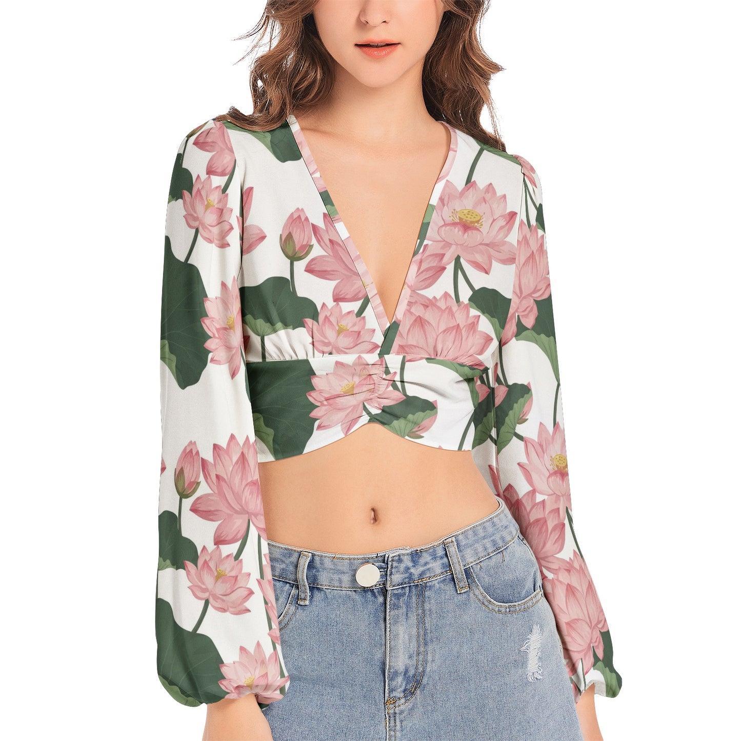 Women's Deep V-Neck Lantern Sleeve Crop Top