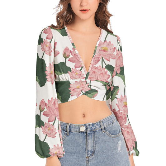 Women's Deep V-Neck Lantern Sleeve Crop Top