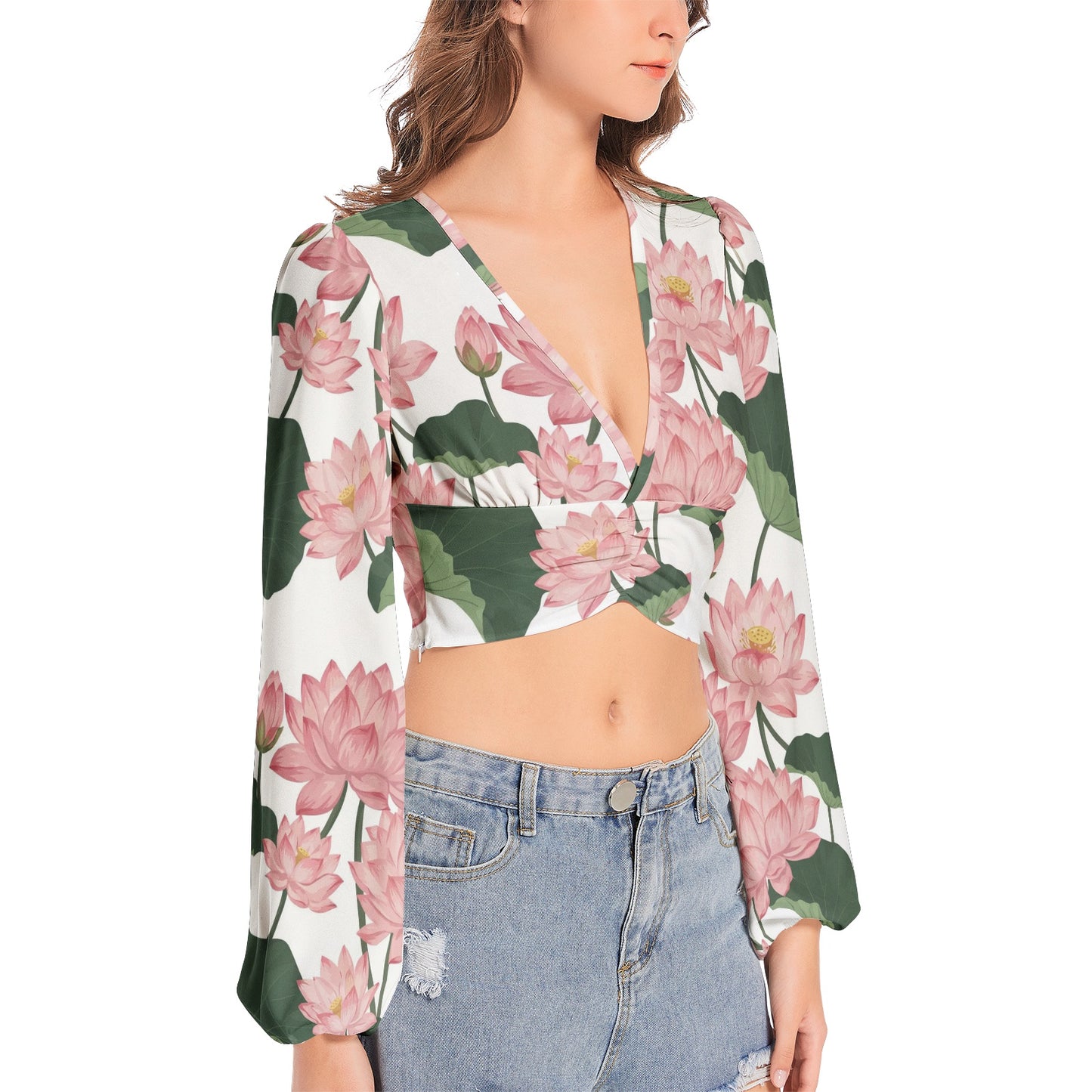 Women's Deep V-Neck Lantern Sleeve Crop Top