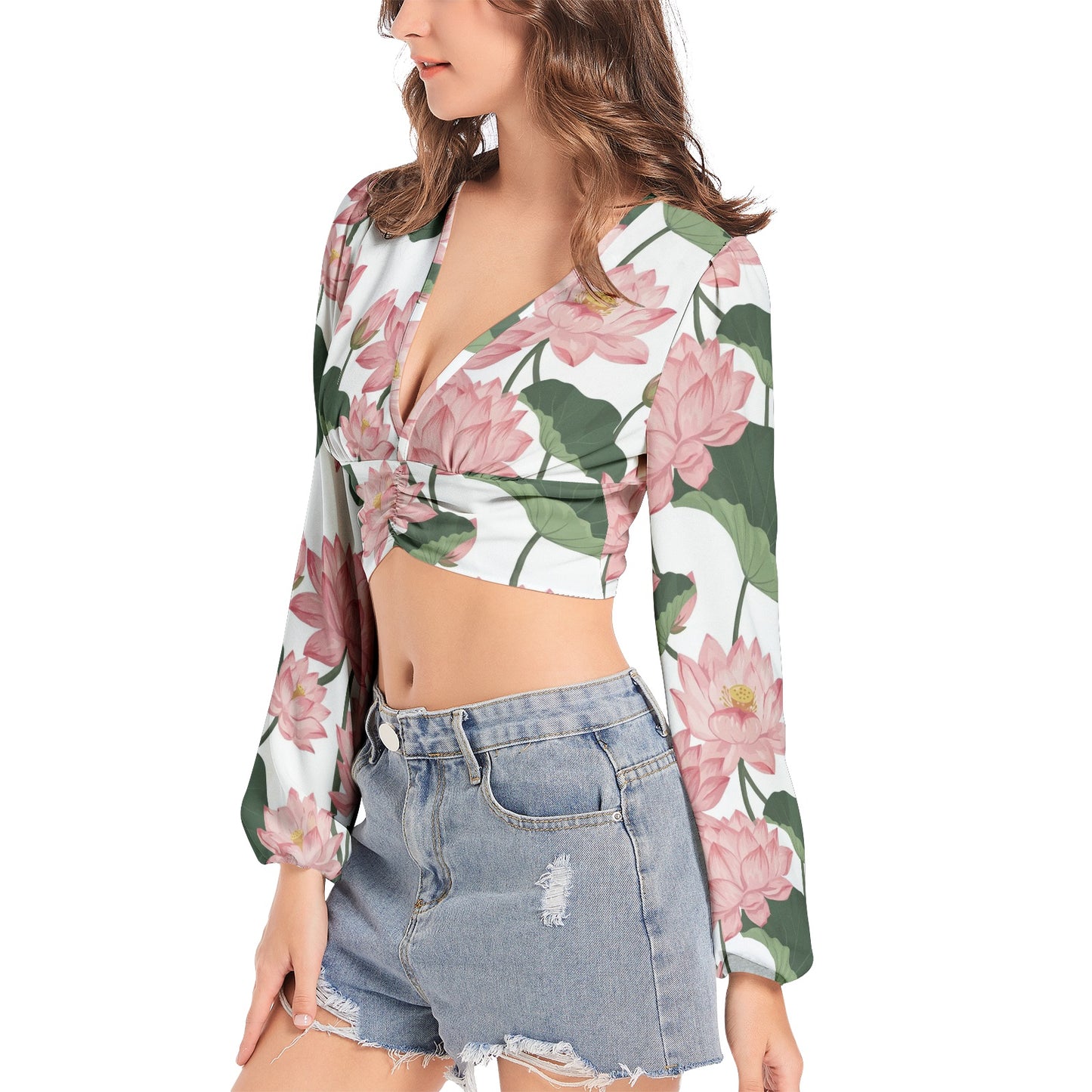 Women's Deep V-Neck Lantern Sleeve Crop Top