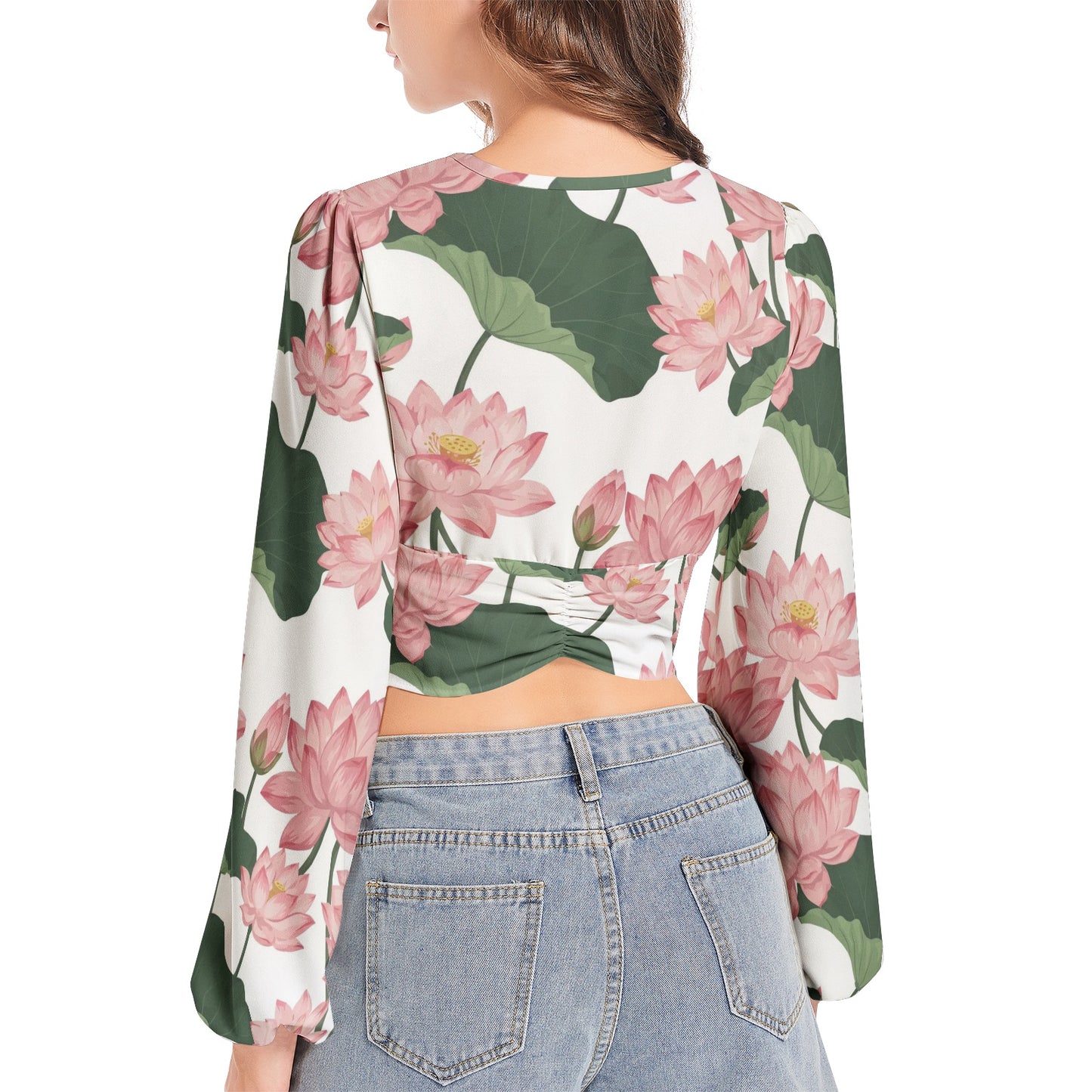 Women's Deep V-Neck Lantern Sleeve Crop Top