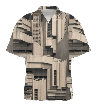 Create a fractal of brutalist unpainted buildings forming an urban hellscape pattern - Premium Rayon button-down